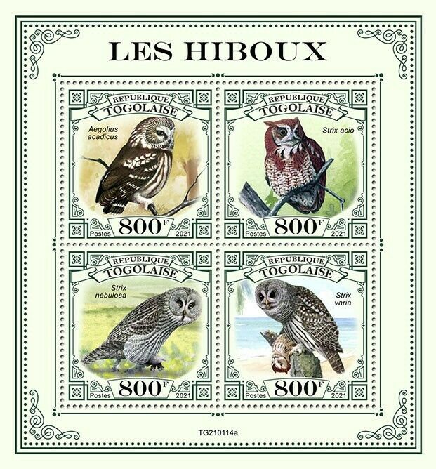 Togo 2021 MNH Birds of Prey on Stamps Owls Screech Great Grey Barred Owl 4v M/S