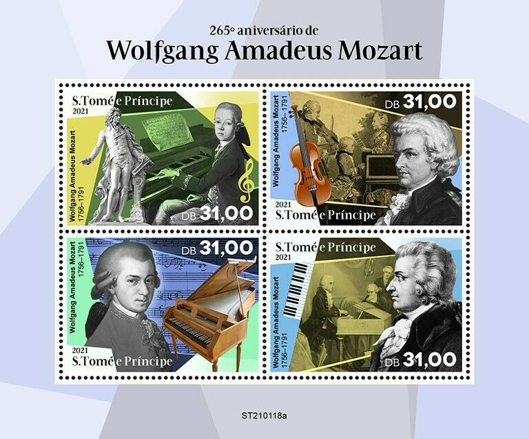 Sao Tome & Principe 2021 MNH Music Stamps Wolfgang Mozart Composers 4v M/S