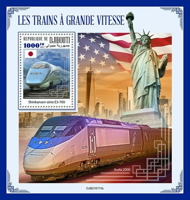 Djibouti 2021 MNH High-Speed Trains Stamps Shinkansen Statue of Liberty 1v S/S