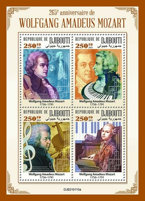 Djibouti 2021 MNH Music Stamps Wolfgang Amadeus Mozart Composers Piano 4v M/S
