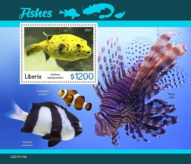 Liberia 2021 MNH Fish Stamps Fishes Blackspotted Puffer Clownfish 1v S/S