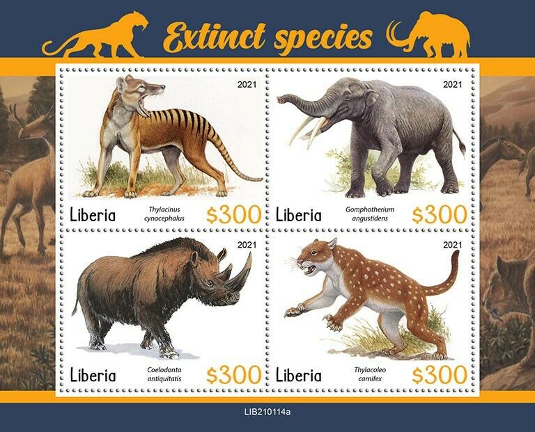 Liberia 2021 MNH Prehistoric Animals Stamps Extinct Species Thylacine 4v M/S