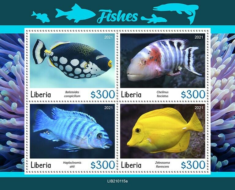 Liberia 2021 MNH Fish Stamps Fishes Yellow Tang Clown Triggerfish 4v M/S