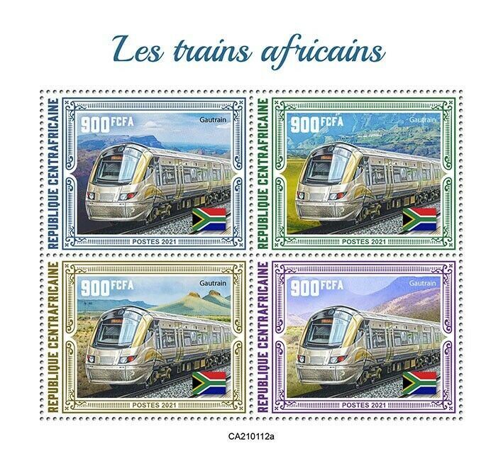 Central African Rep 2021 MNH African Trains Stamps Gautrain Railways Rail 4v M/S