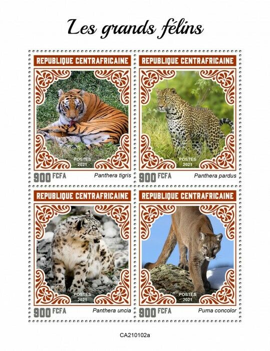 Central African Rep 2021 MNH Wild Animals Stamps Big Cats Tigers Leopards 4v M/S
