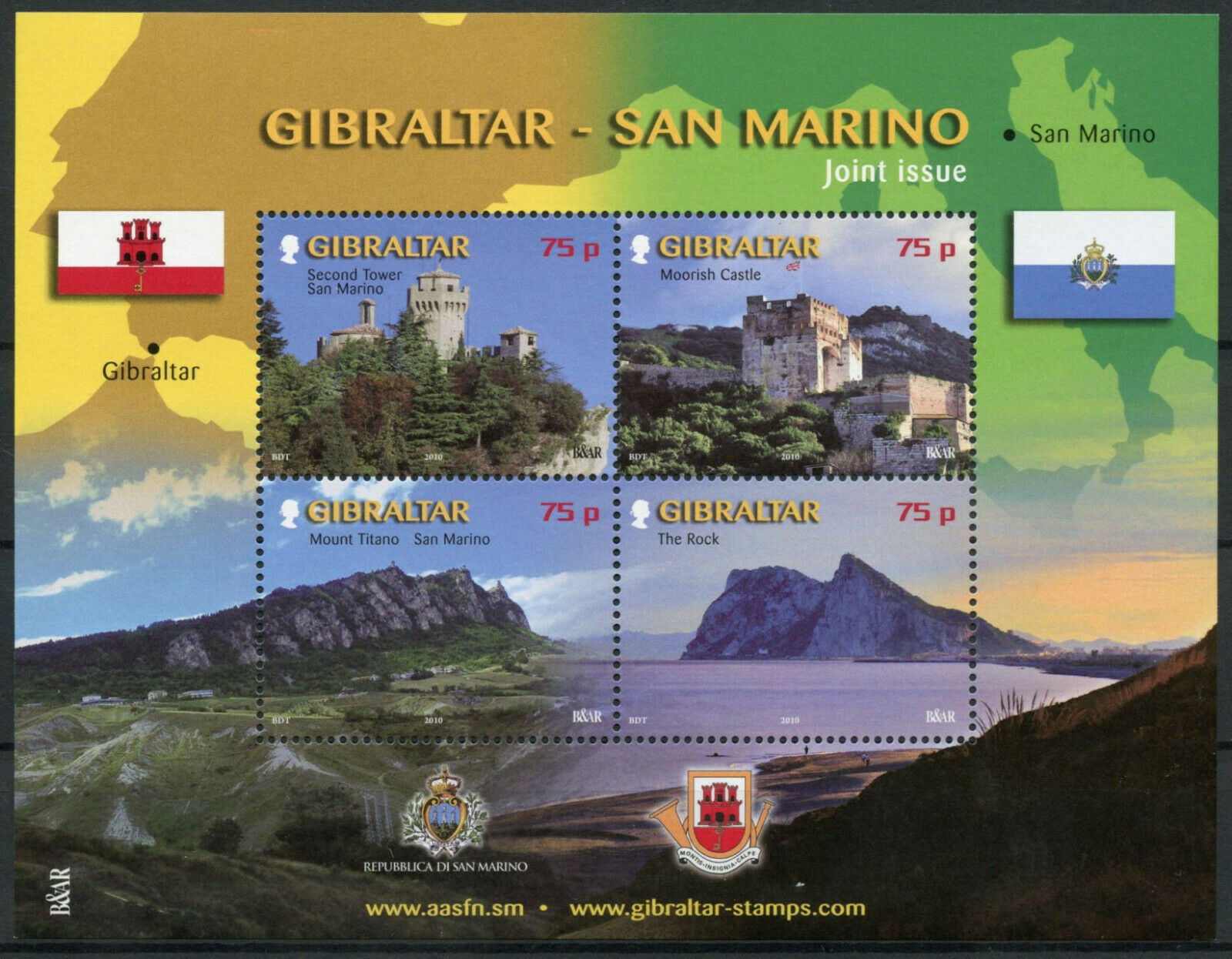 Gibraltar 2010 MNH Architecture Stamps Castles Mountains JIS San Marino 4v M/S