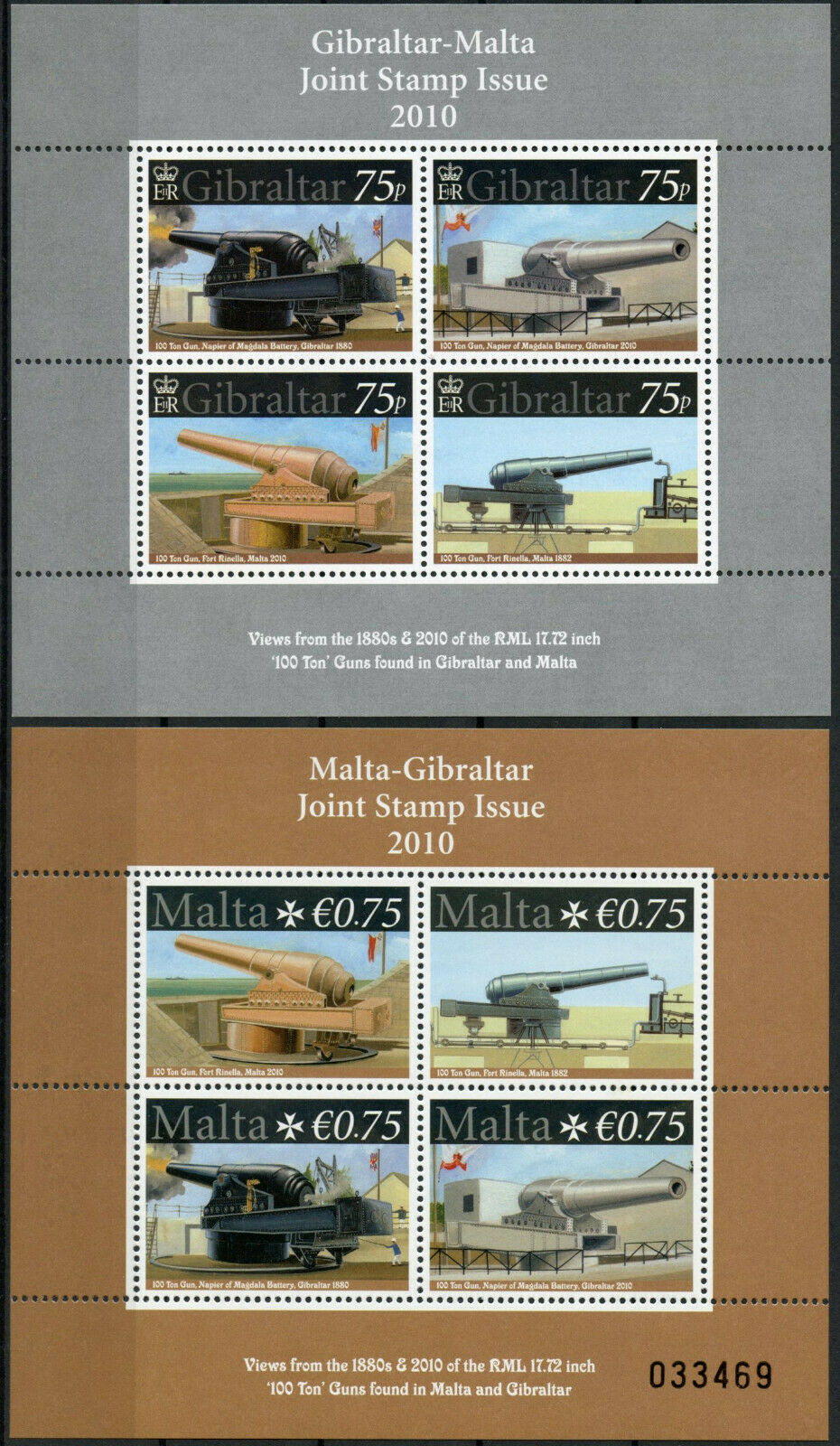 Gibraltar 2010 MNH Military Stamps 100 Ton Guns Forts JIS Malta 2x 4v M/S