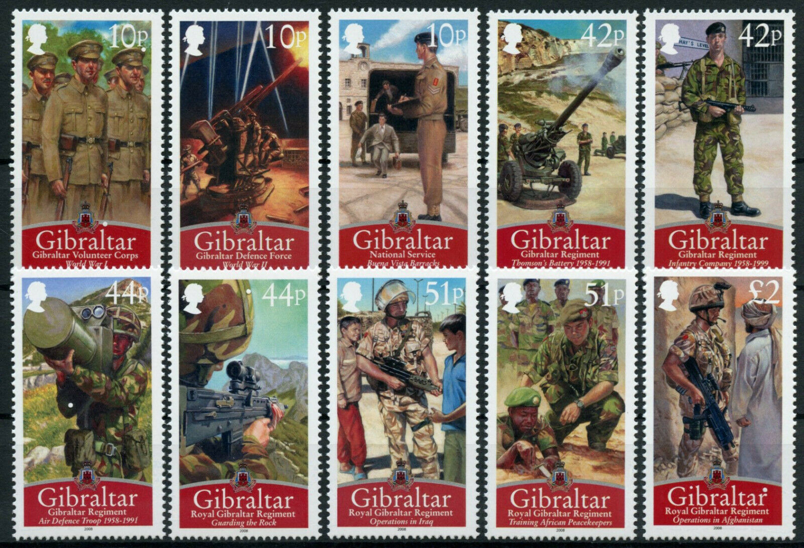 Gibraltar 2008 MNH Military Stamps Royal Gibraltar Regiment WWI WW2 WWII 10v Set