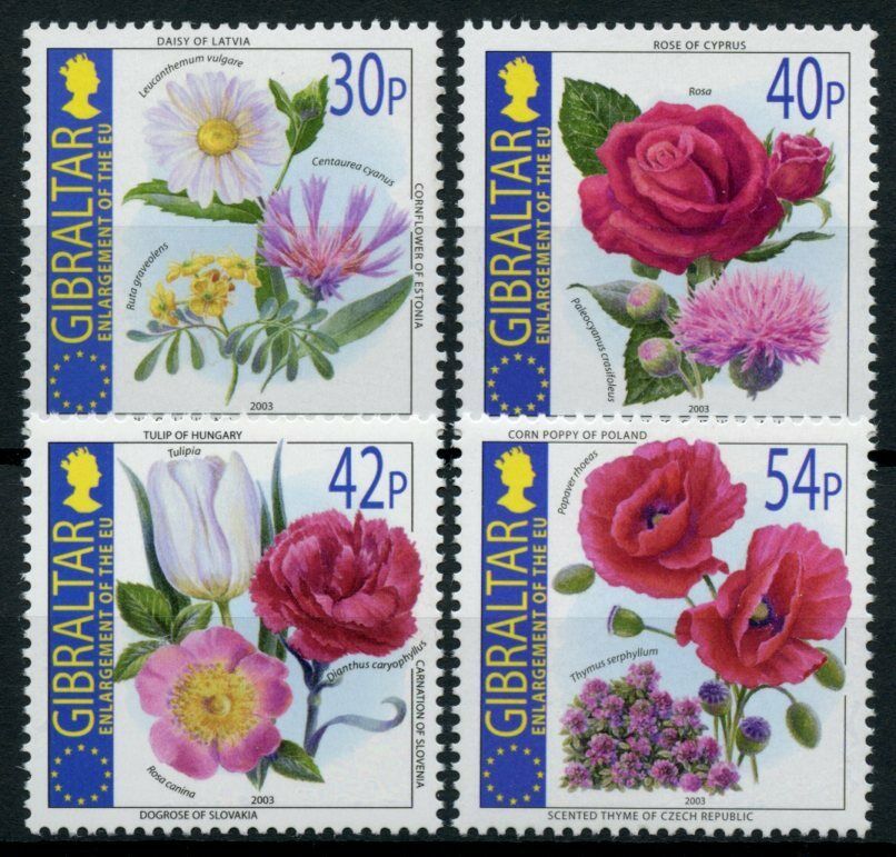 Gibraltar 2003 MNH Flowers Stamps Enlargement European Union Roses Tulips 4v Set
