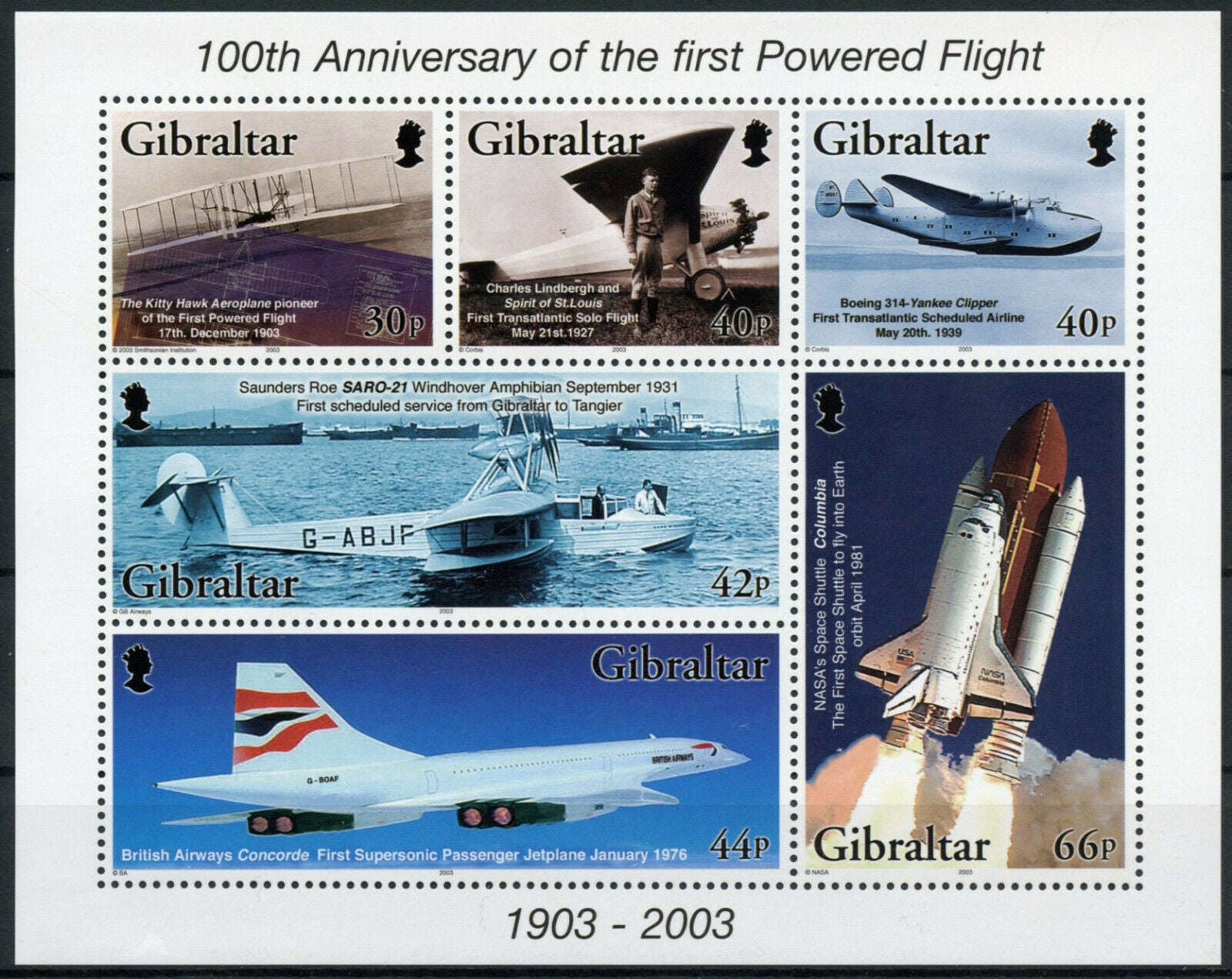 Gibraltar 2003 MNH Aviation Stamps Powered Flight Aircraft Concorde Space 6v M/S