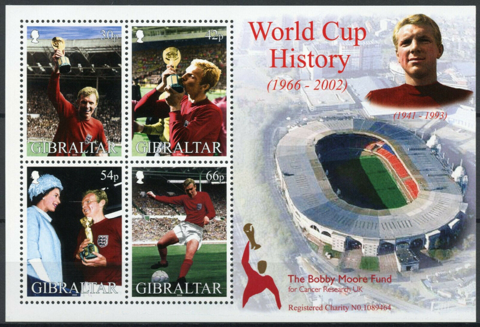 Gibraltar 2002 MNH Football Stamps World Cup England 1966 Bobby Moore 4v M/S