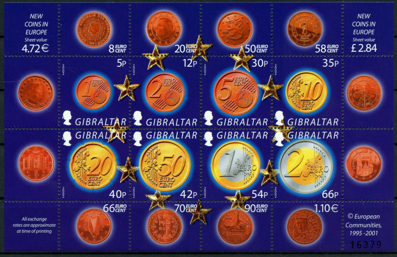 Gibraltar 2002 MNH Coins on Stamps Euro New EU Coins Numismatics 8v M/S