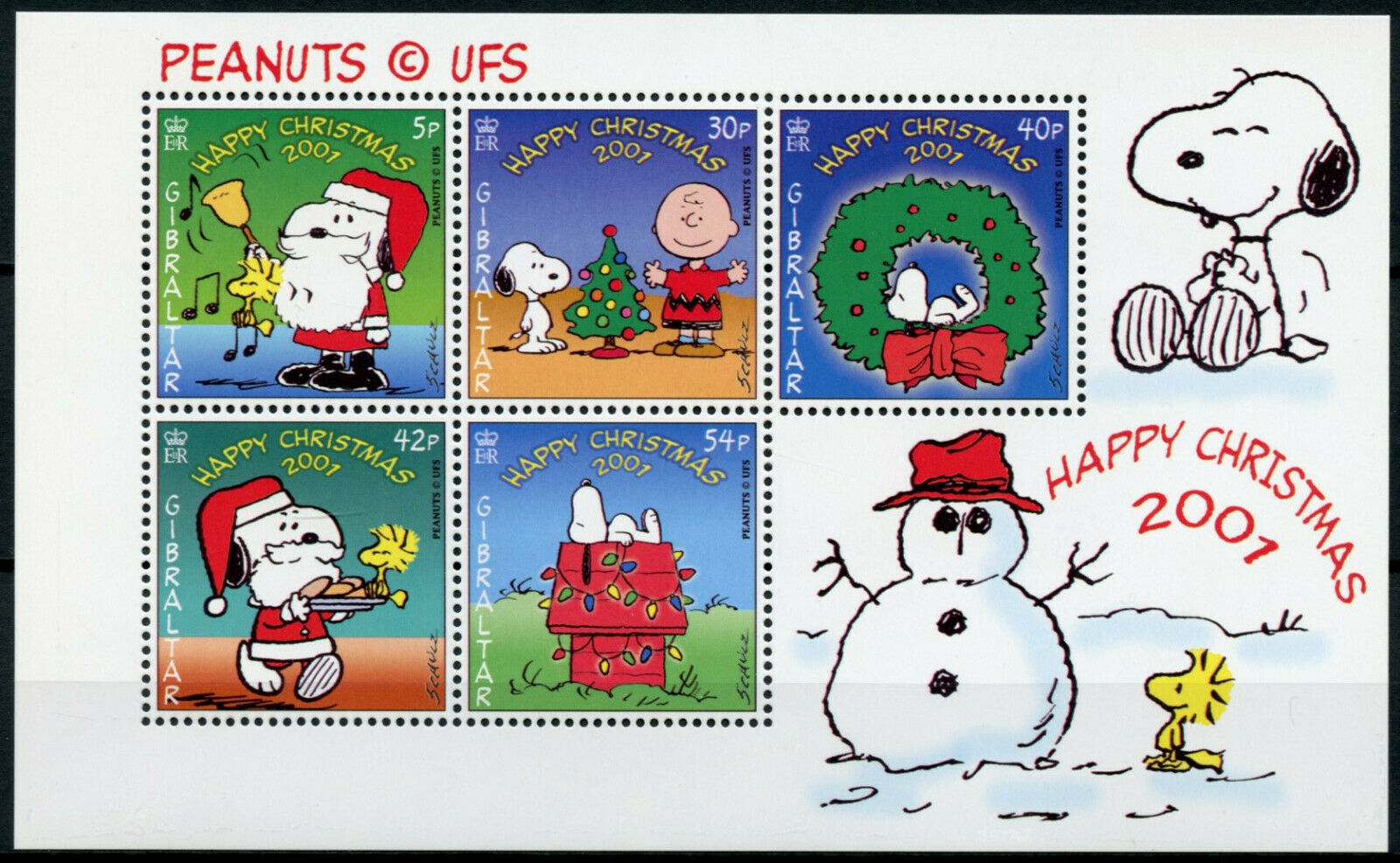 Gibraltar 2001 MNH Christmas Stamps Snoopy Peanuts Charlie Brown Schulz 5v M/S