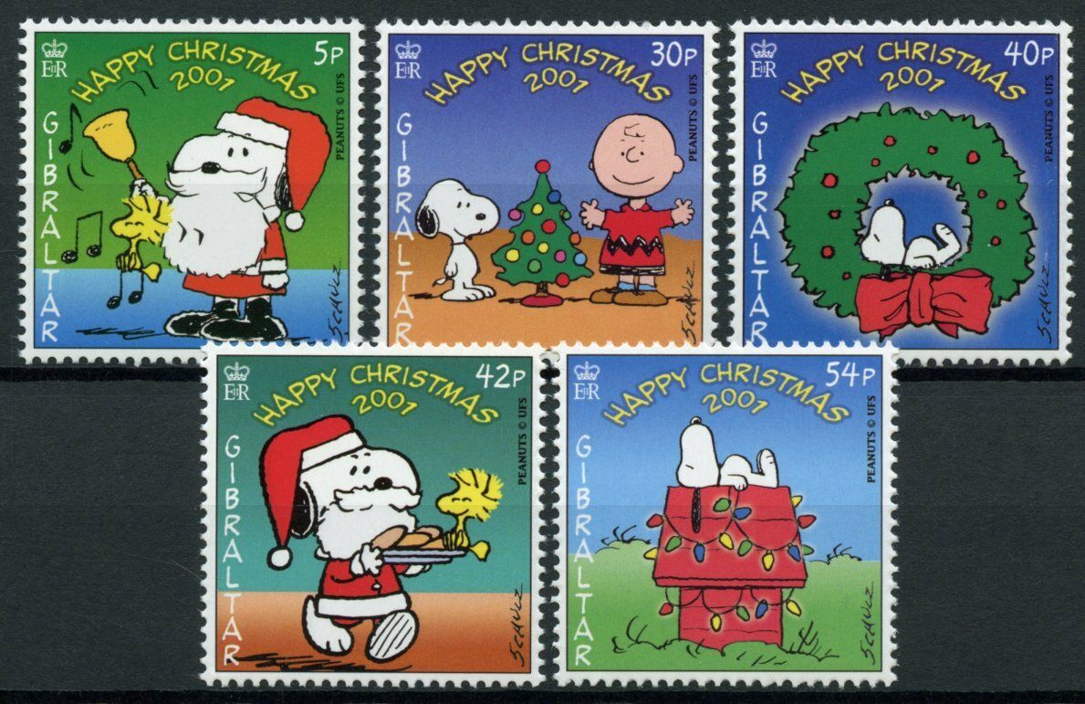 Gibraltar 2001 MNH Christmas Stamps Snoopy Peanuts Charlie Brown Schulz 5v Set