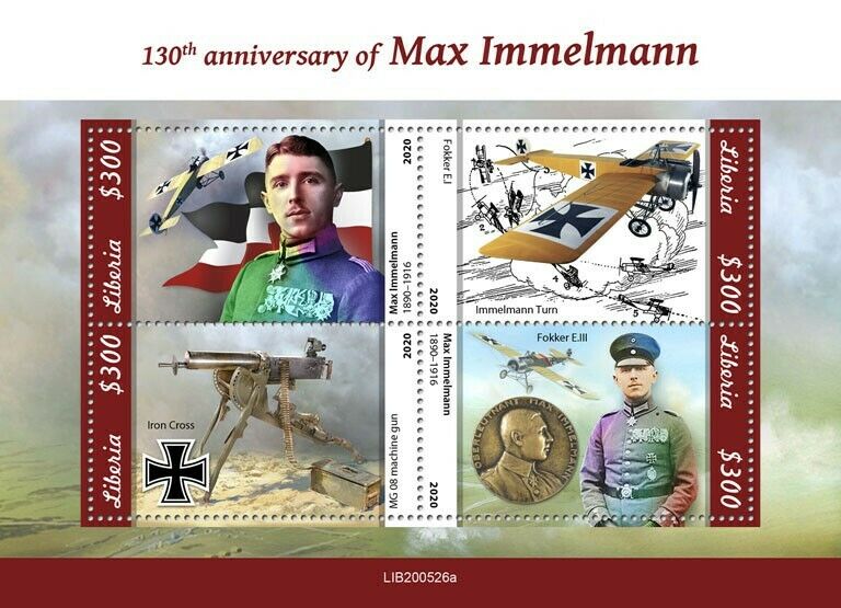 Liberia 2020 MNH Military Aviation Stamps WWI WW1 Max Immelman Fokker 4v M/S