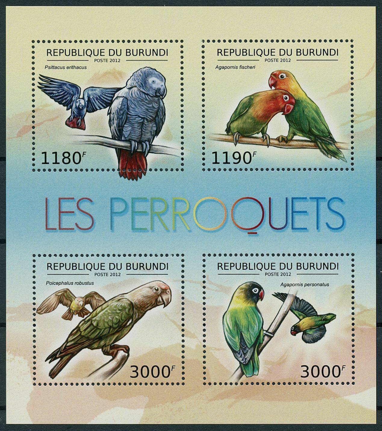 Burundi 2012 MNH Birds on Stamps Parrots Cape Grey Parrot Lovebirds 4v M/S