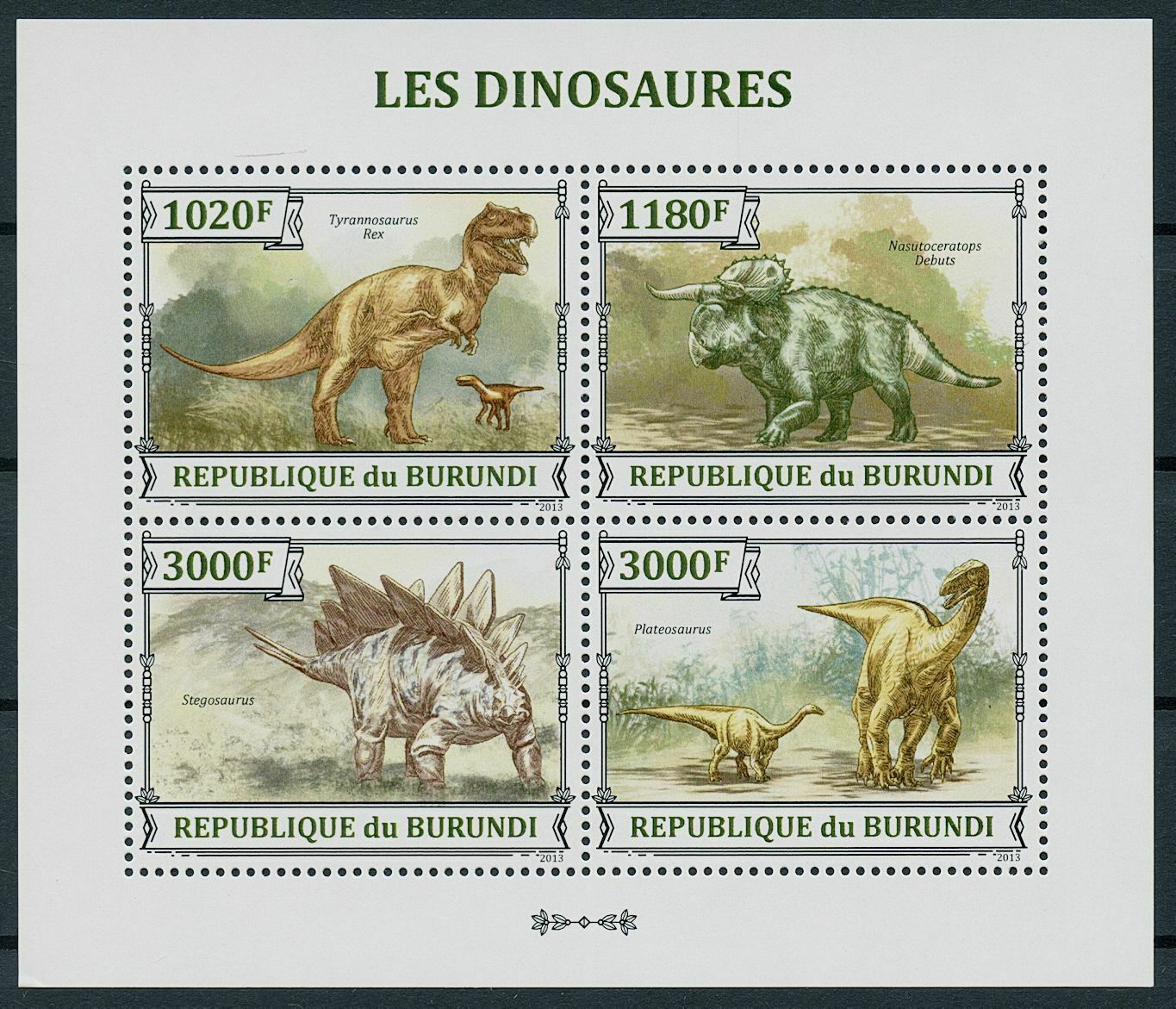 Burundi 2013 MNH Dinosaurs Stamps Prehistoric Animals T-Rex Stegosaurus 4v M/S
