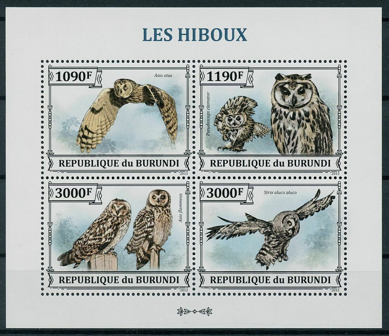 Burundi 2013 MNH Birds of Prey on Stamps Owls Long-Eared Tawny Owl 4v M/S