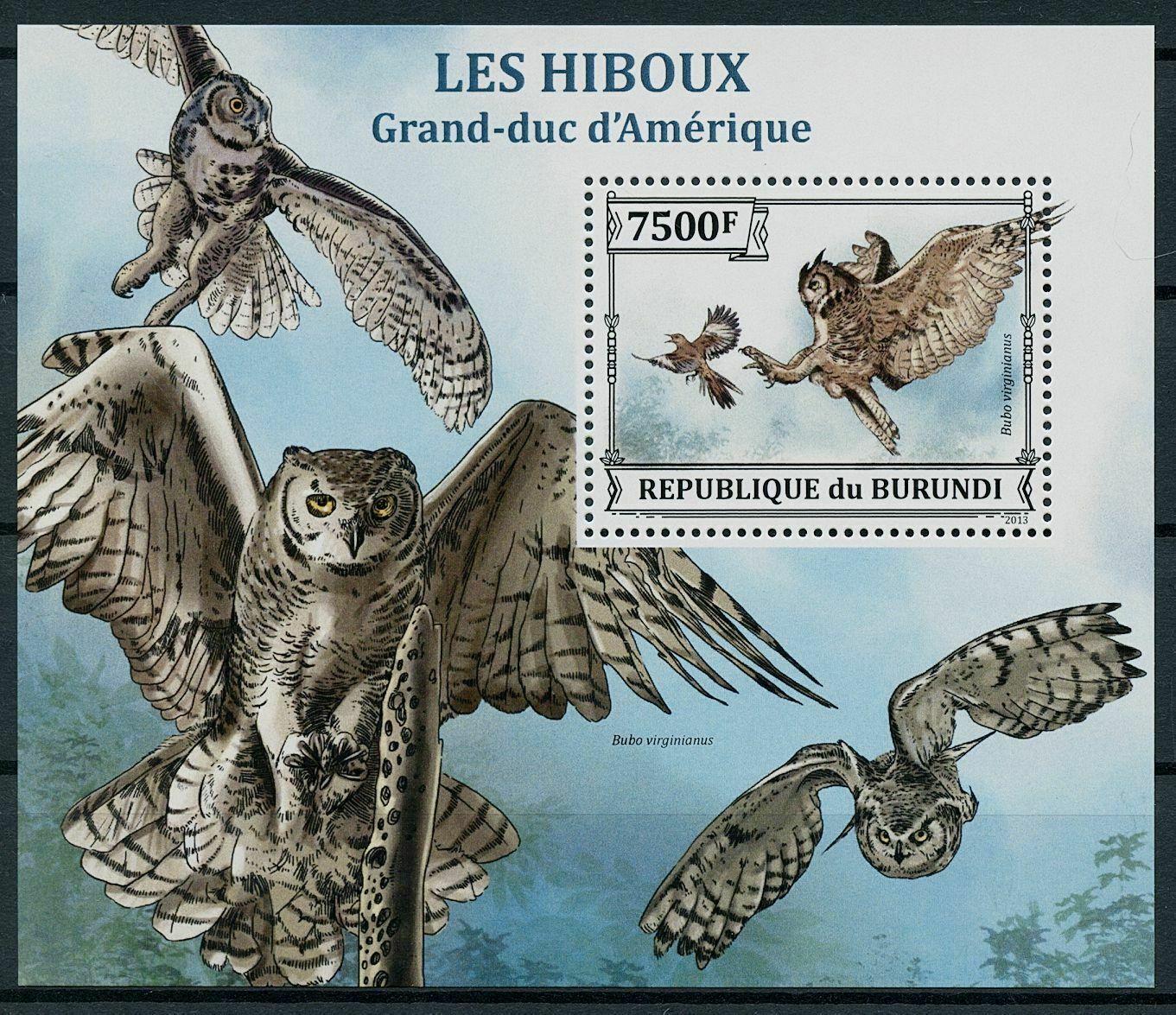 Burundi 2013 MNH Birds of Prey on Stamps Owls Great Horned Owl 1v S/S