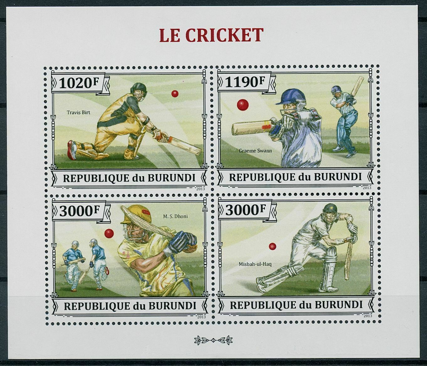 Burundi 2013 MNH Cricket Stamps Sports Travis Birt Graeme Swann Dhoni 4v M/S