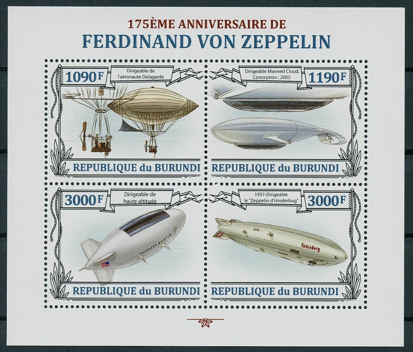 Burundi 2013 MNH Aviation Stamps Ferdinand von Zeppelin Zeppelins Airships 4v MS