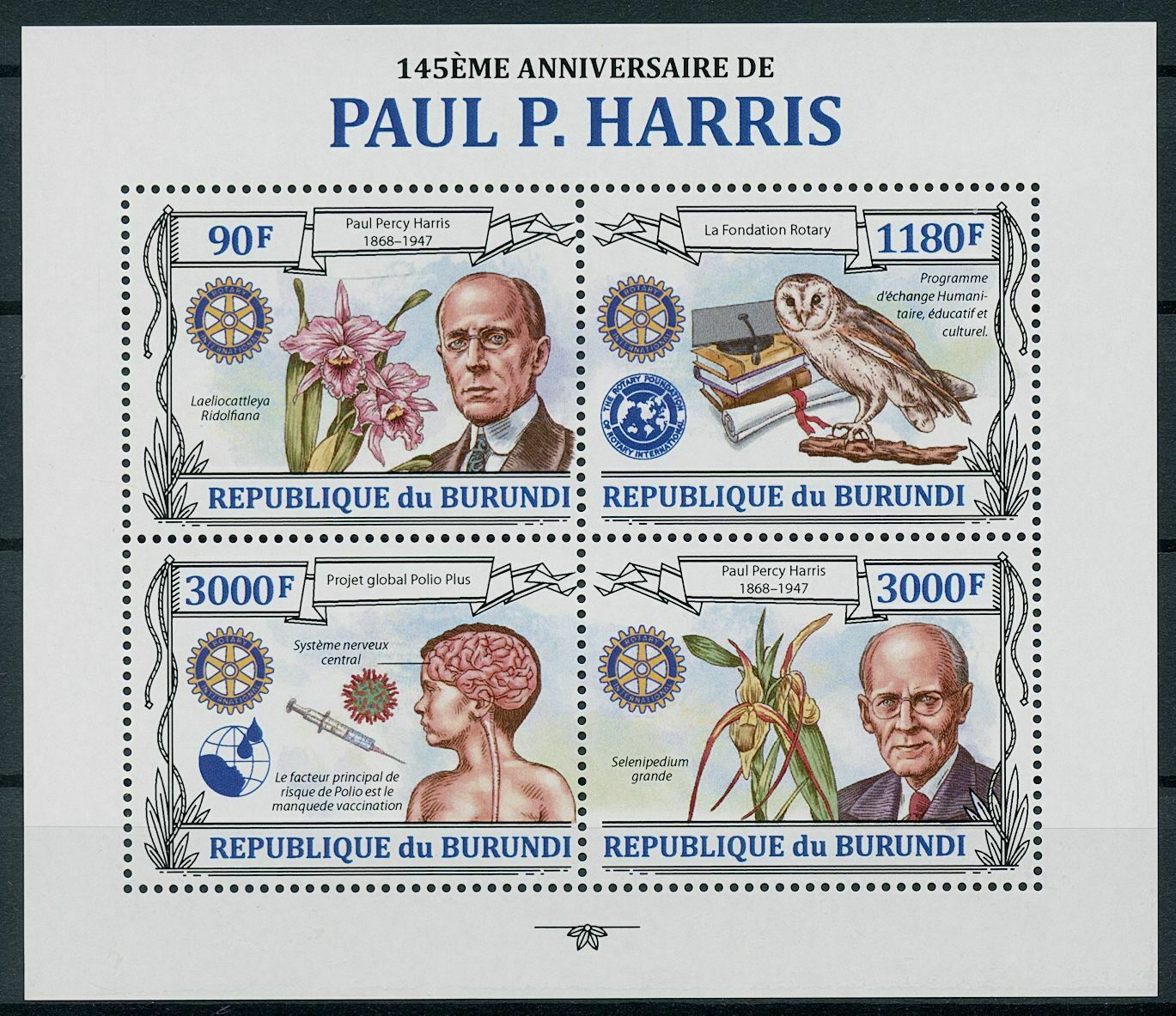 Burundi 2013 MNH Rotary International Stamps Paul Harris Orchids Owls 4v M/S