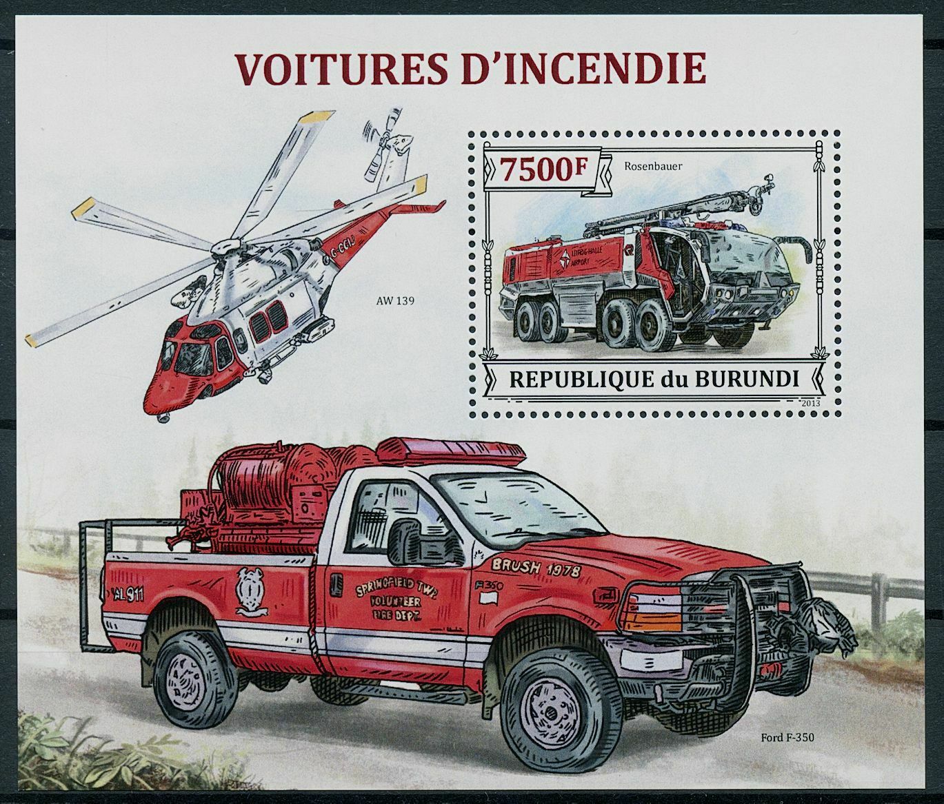 Burundi 2013 MNH Fire Engines Stamps Trucks Rosenbauer Helicopters 1v S/S