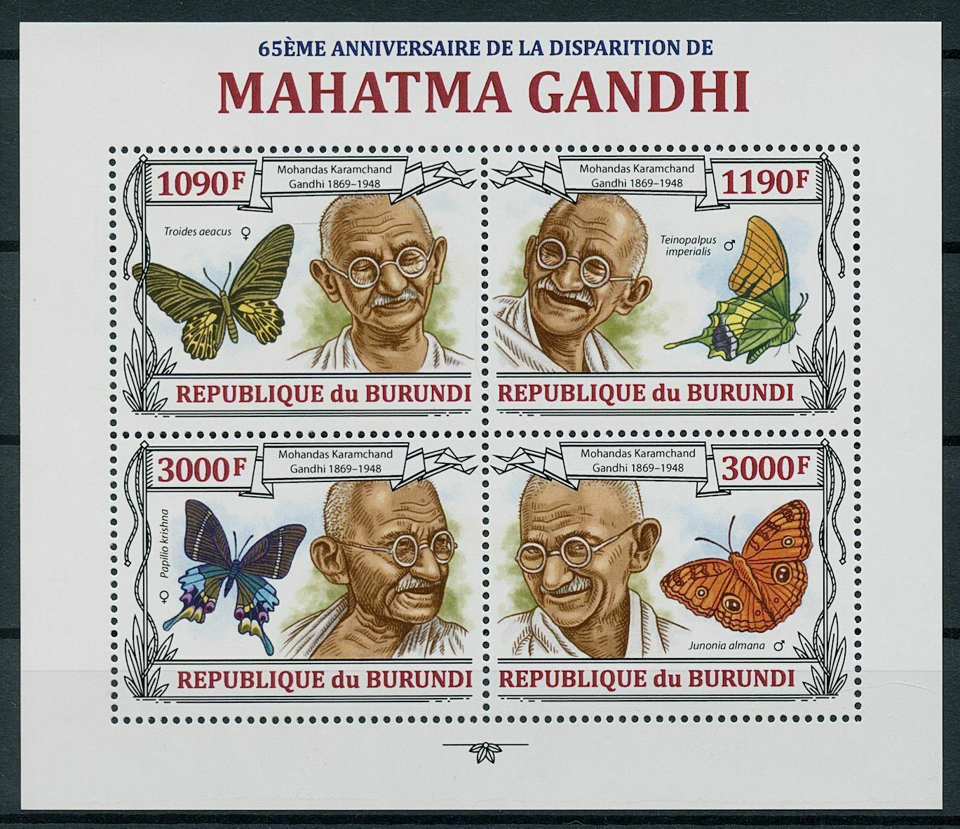 Burundi 2013 MNH Mahatma Gandhi Stamps Butterflies Historical Figures 4v M/S
