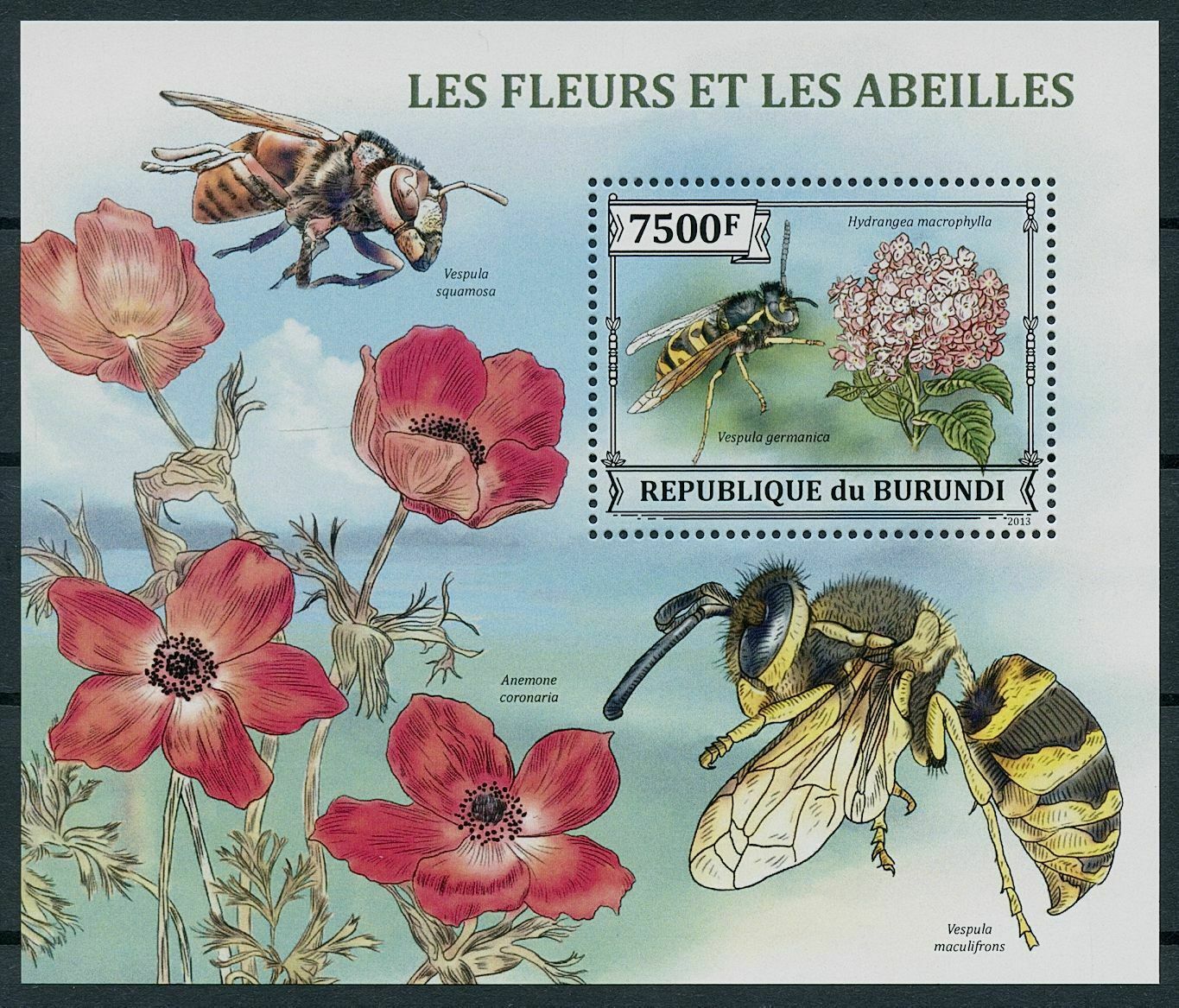 Burundi 2013 MNH Flowers & Bees Stamps German Wasp Hydrangea Insects 1v S/S
