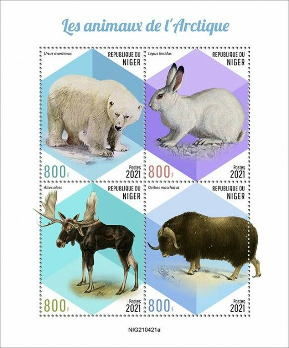 Niger 2021 MNH Arctic Wild Animals Stamps Polar Bears Mountain Hare Moose 4v M/S