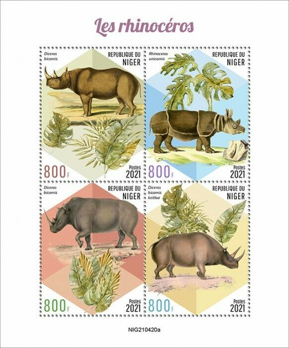 Niger 2021 MNH Wild Animals Stamps Rhinos Black Rhinoceros 4v M/S