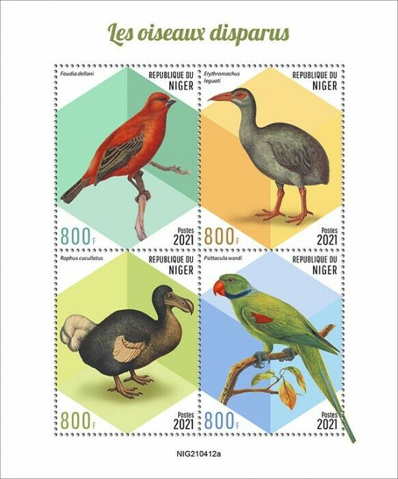Niger 2021 MNH Extinct Birds on Stamps Fody Parakeets Dodo Rail 4v M/S
