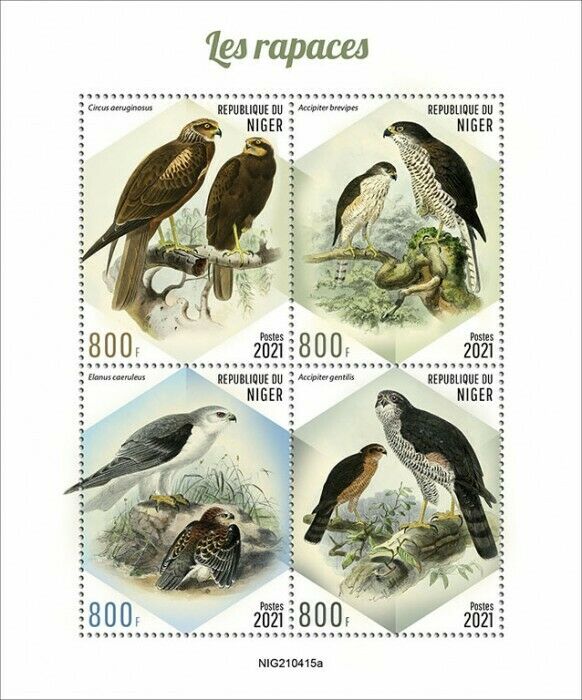 Niger 2021 MNH Birds of Prey on Stamps Marsh Harriers Sparrowhawk Raptors 4v M/S