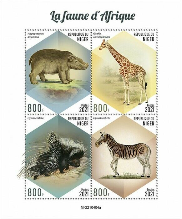 Niger 2021 MNH Wild Animals Stamps African Fauna Hippos Giraffes Zebras 4v M/S