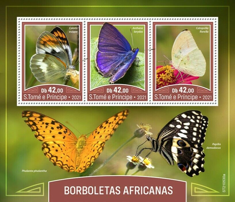 Sao Tome & Principe 2021 MNH African Butterflies Stamps Butterfly 3v M/S