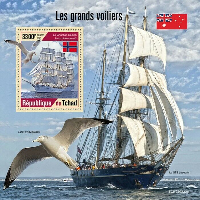 Chad 2021 MNH Tall Ships Stamps Christian Radich Nautical Gulls Birds 1v S/S