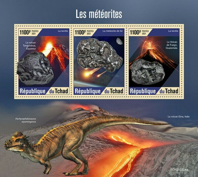 Chad 2021 MNH Space Stamps Meteorites Tektite Volcanoes Dinosaurs 3v M/S