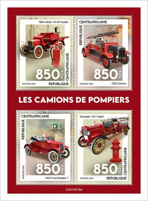 Central African Rep 2021 MNH Fire Engines Stamps Ford Model T Dennis 4v M/S