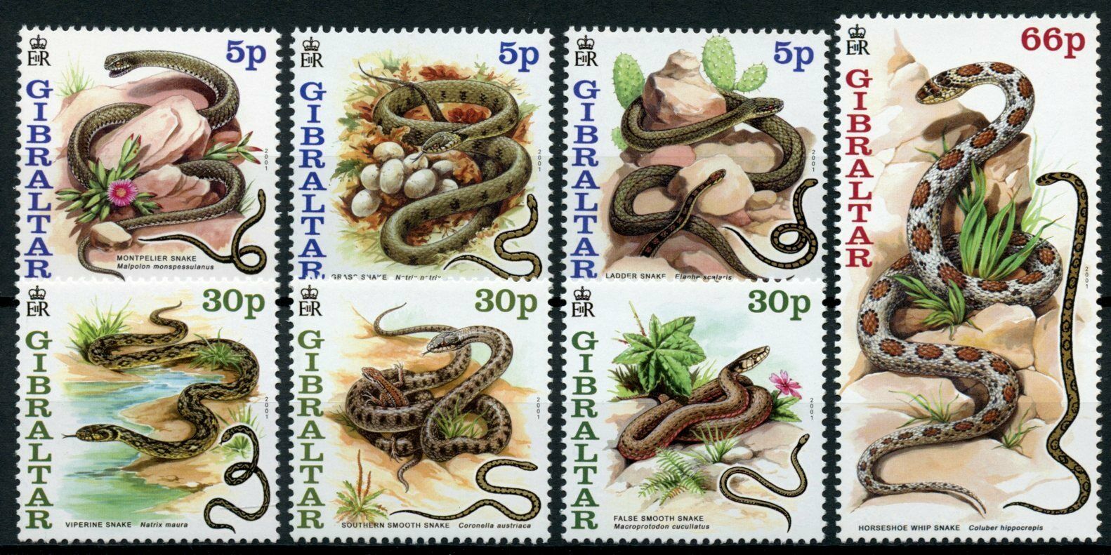 Gibraltar 2001 MNH Snakes Stamps Montpelier Viperine Snake Reptiles 7v Set