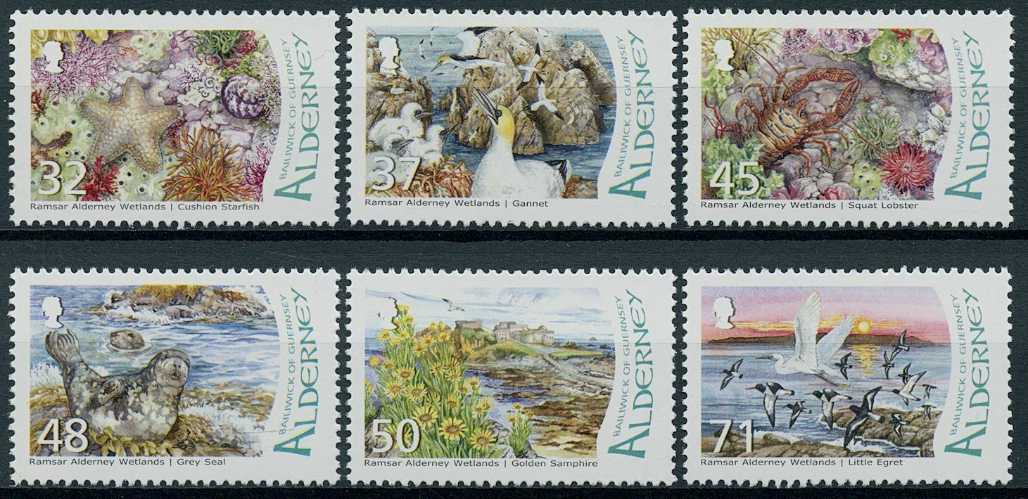 Alderney 2007 MNH Birds on Stamps Ramsar Wetlands Seals Flowers Egrets 6v Set