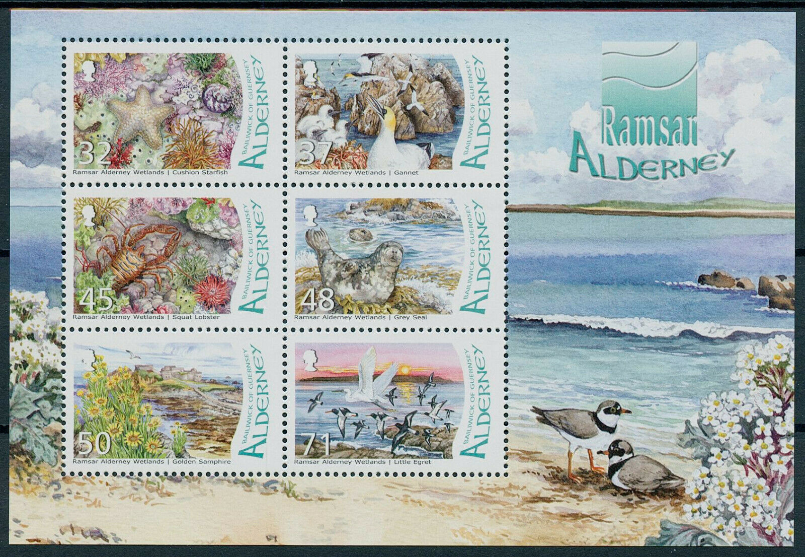 Alderney 2007 MNH Birds on Stamps Ramsar Wetlands Seals Flowers Egrets 6v M/S