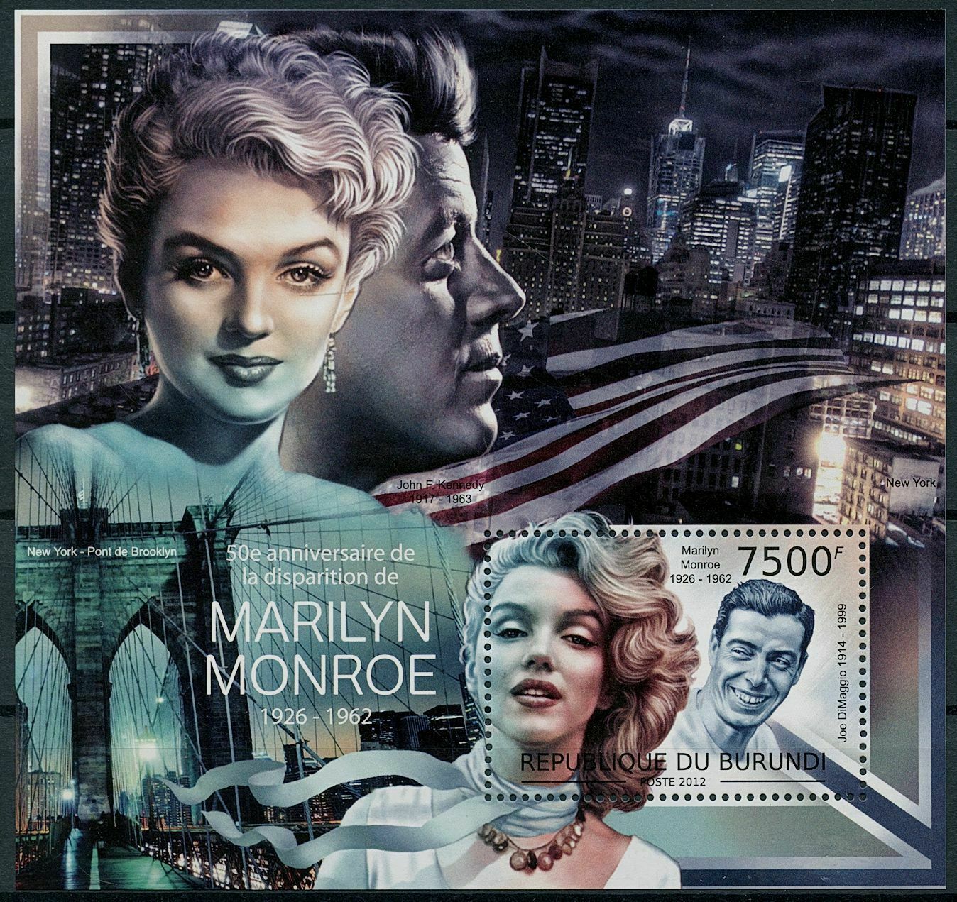 Burundi 2012 MNH Marilyn Monroe Stamps Celebrities JFK Joe DiMaggio 1v S/S