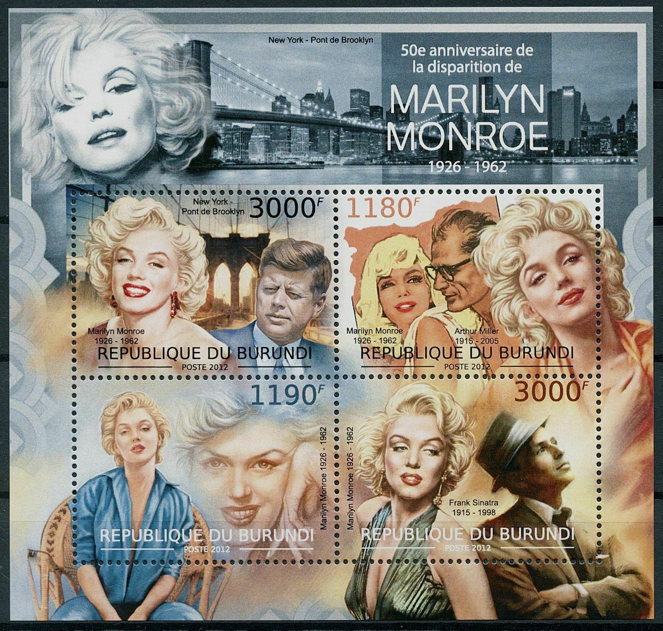 Burundi 2012 MNH Marilyn Monroe Stamps Celebrities JFK Frank Sinatra 4v M/S