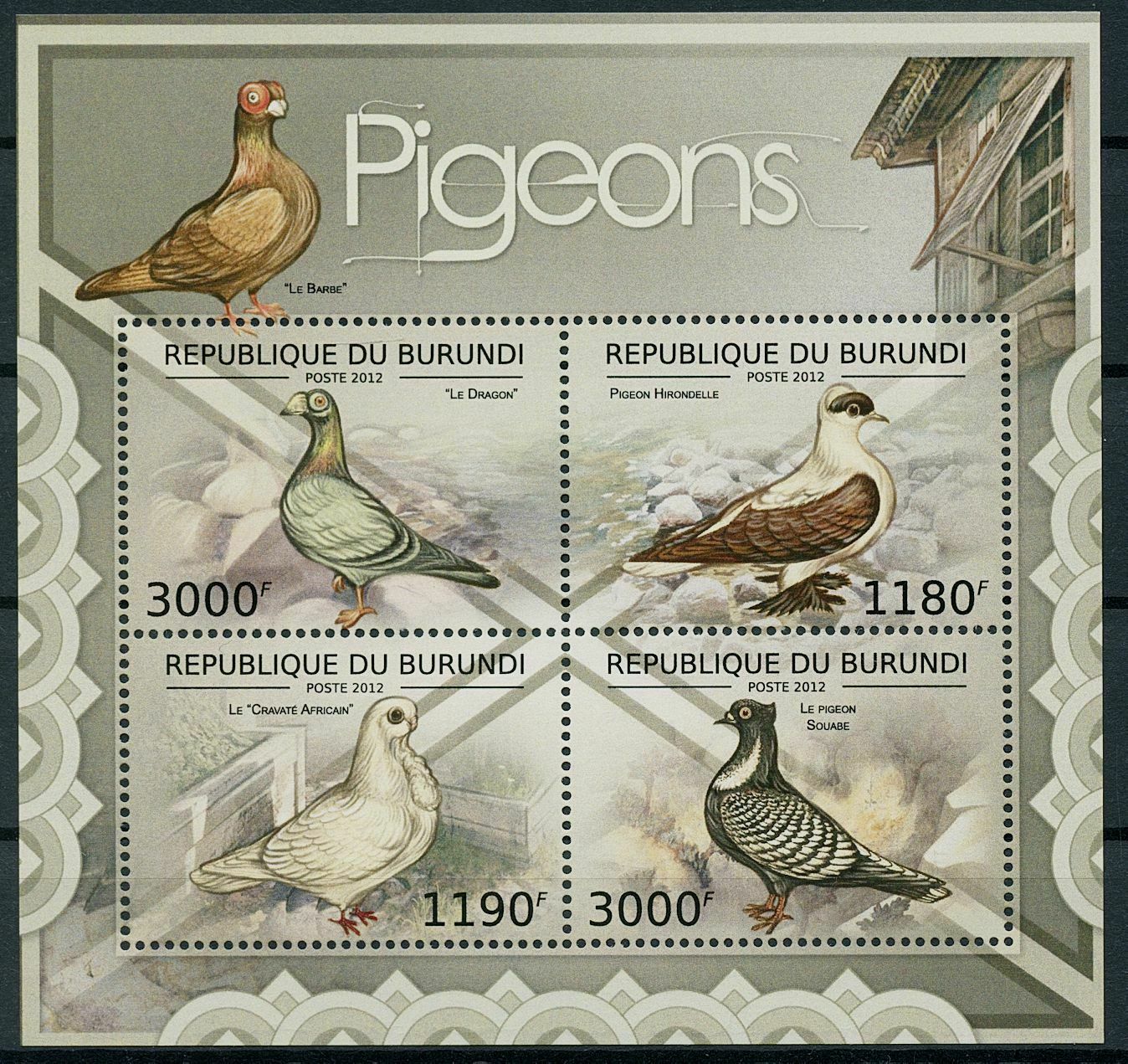 Burundi 2012 MNH Birds on Stamps Pigeons Pigeon 4v M/S