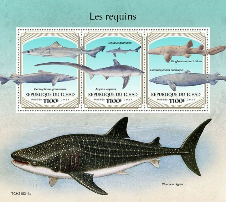 Chad 2021 MNH Marine Animals Stamps Sharks Common Thresher Gulper Shark 3v M/S