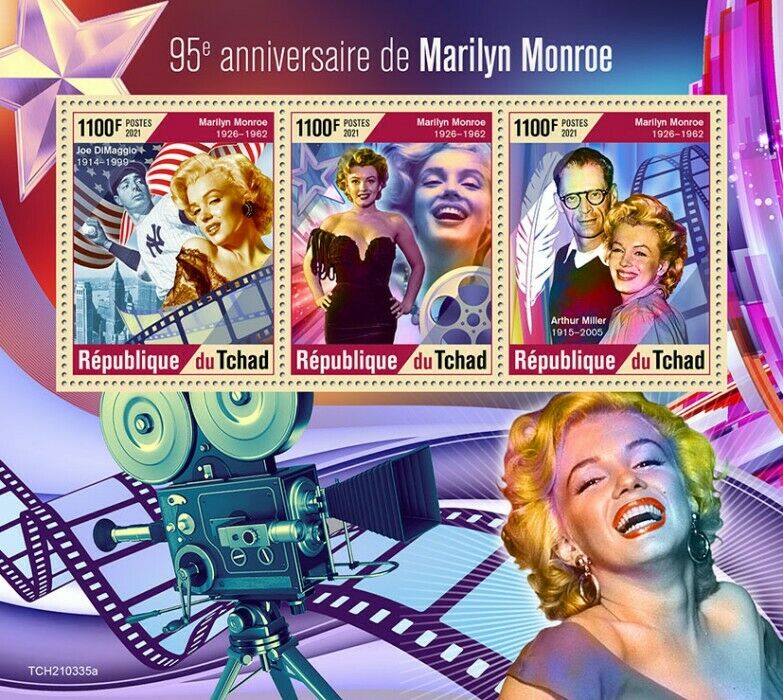 Chad 2021 MNH Marilyn Monroe Stamps Celebrities Film Movies Joe DiMaggio 3v M/S