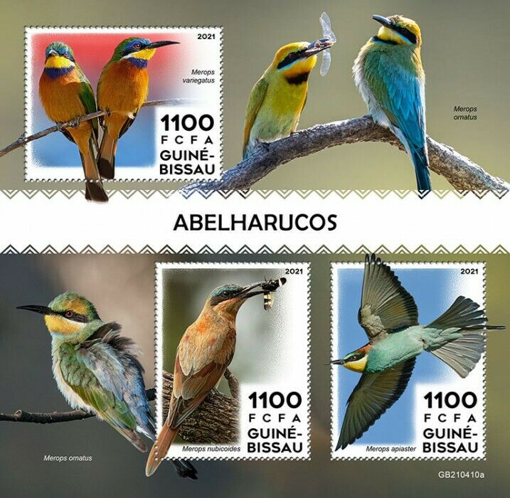 Guinea-Bissau 2021 MNH Birds on Stamps Bee-Eaters Blue-Breasted Bee-Eater 3v M/S