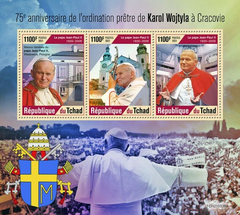 Chad 2021 MNH Pope John Paul II Stamps Karol Wojtyla Ordained Religion 3v M/S