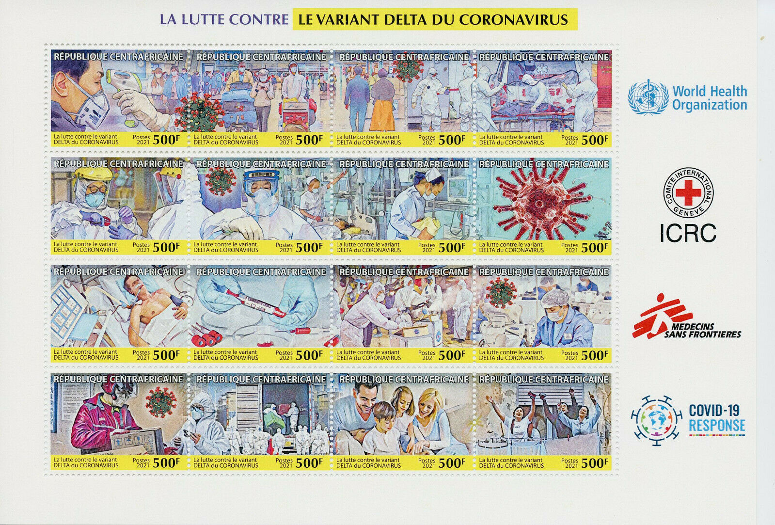 Central African Rep 2021 MNH Medical Stamps Corona Delta Variant Covid Covid-19 16v Yellow M/S