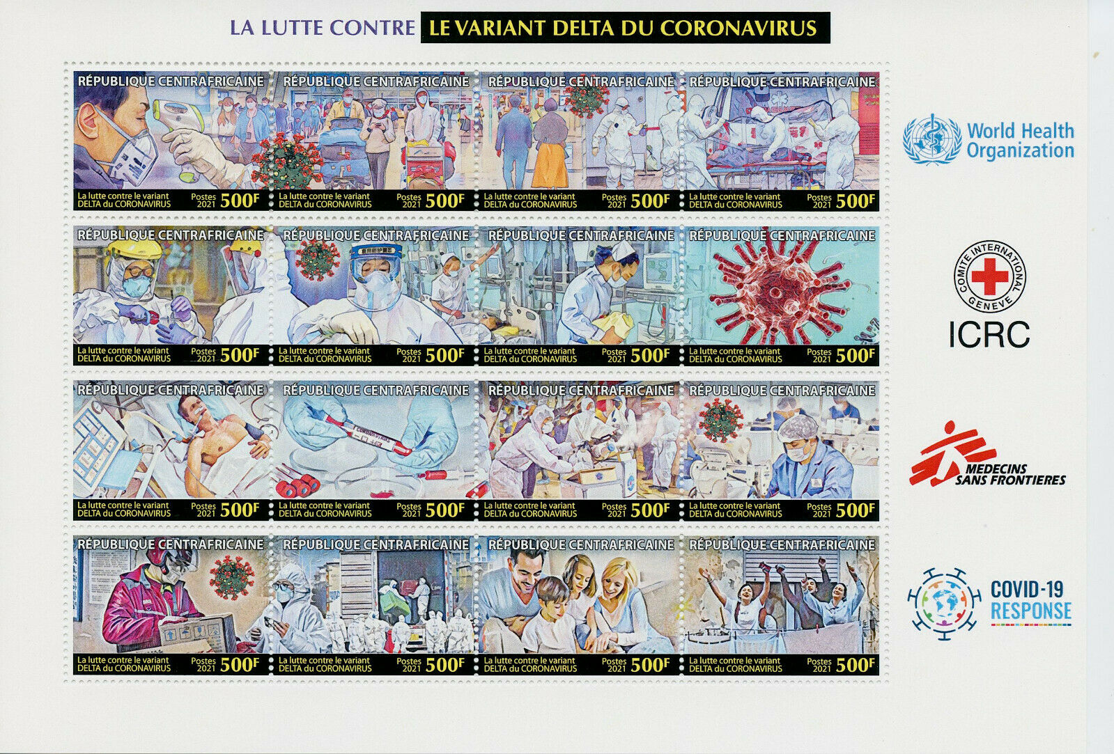 Central African Rep 2021 MNH Medical Stamps Corona Delta Variant Covid-19 Covid 16v Black M/S